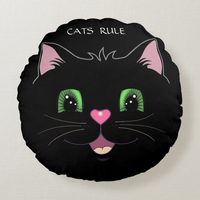 Funny cute cat face on black round cushion (Front)