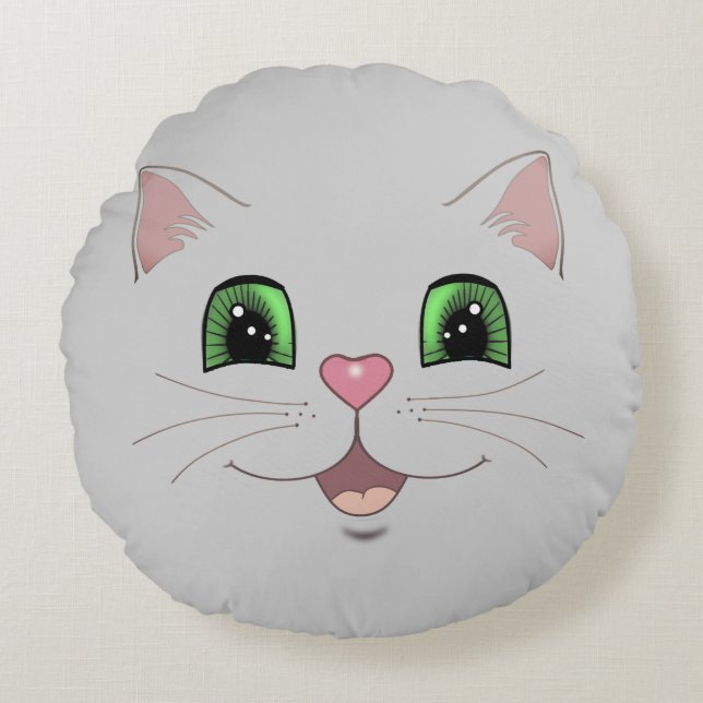 Funny cute cat face on silver grey round cushion (Front)