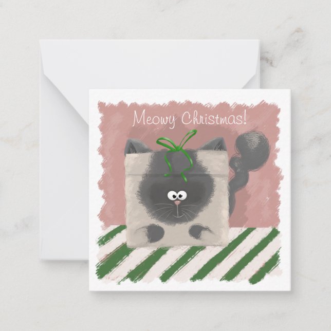 Funny, cute cat, hand-painted Christmas card (Front)