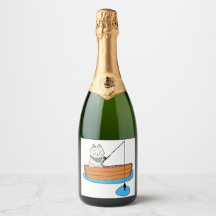 Funny Cute Cat Kitten With Fishing Rod Sparkling Wine Label