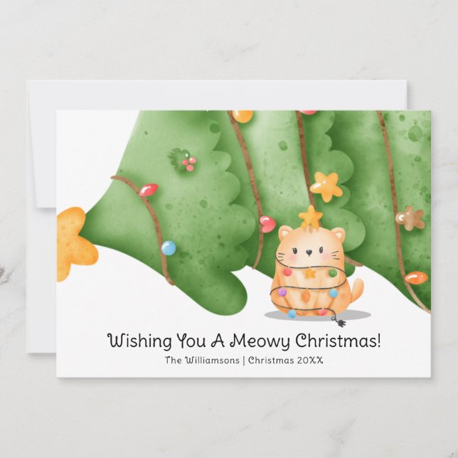 Funny Cute Cat Meowy Christmas Tree Watercolor Holiday Card (Front)