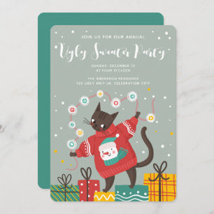 Funny Cute Cat Ugly Christmas Sweater Party Holiday Card