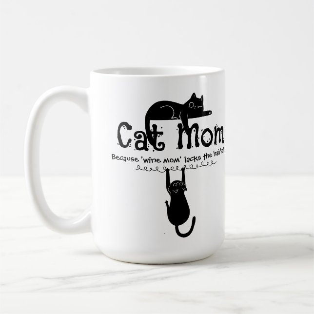 Funny Cute Cat Wine Mum Quote Typography Gift Coffee Mug (Left)