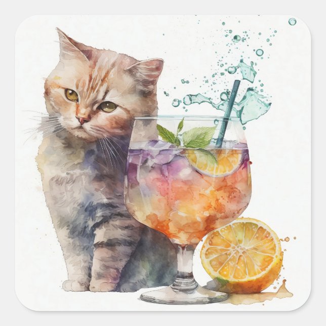 Funny cute cat with a cocktail watercolor sticker (Front)