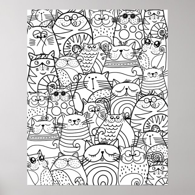 Funny Cute Cats Zen Doodle Relaxing Adult Colourin Poster (Front)