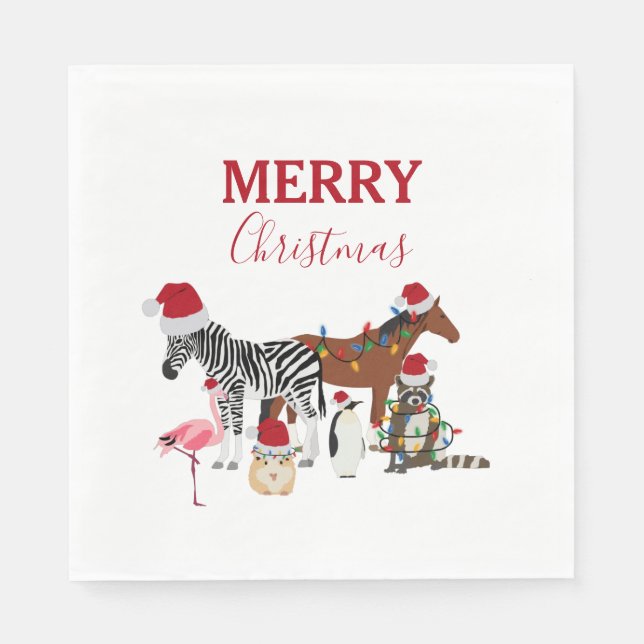 Funny Cute Christmas Animals Santa Hats Lights  Napkin (Front)