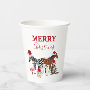 Funny Cute Christmas Animals Santa Hats Lights Paper Cups