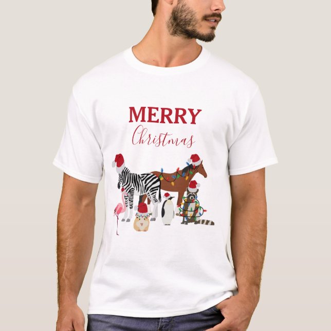 Funny Cute Christmas Animals Santa Hats Lights T-Shirt (Front)