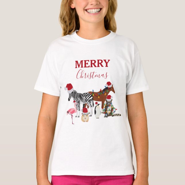 Funny Cute Christmas Animals Santa Hats Lights  T-Shirt (Front)