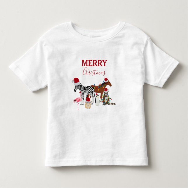 Funny Cute Christmas Animals Santa Hats Lights Toddler T-Shirt (Front)