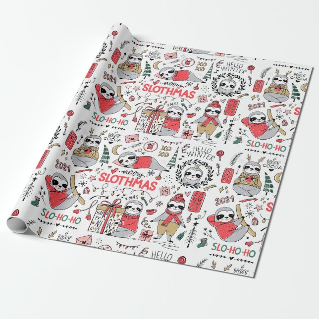 Funny Cute Christmas Sloth with Santa Hat Wrapping Paper (Unrolled)
