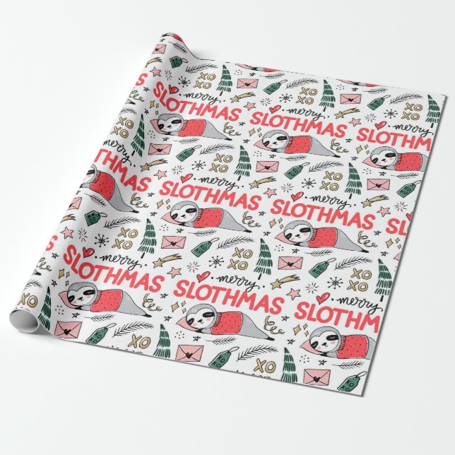 Funny Cute Christmas Sloth with Santa Hat Wrapping Wrapping Paper (Unrolled)