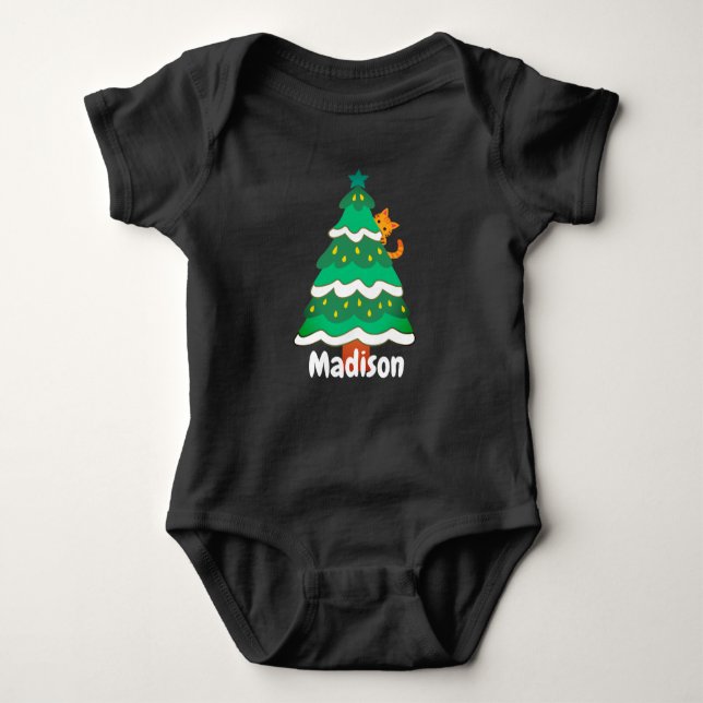 Funny Cute Christmas Tree Cat Personalised Baby   Baby Bodysuit (Front)