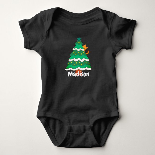 Funny Cute Christmas Tree Cat Personalised Baby   Bodysuit (Front)