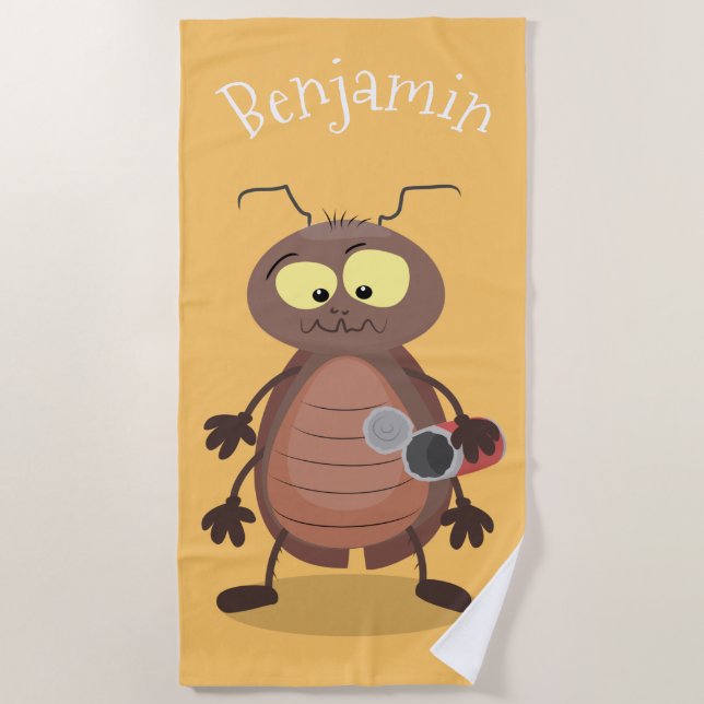Funny cute cockroach cartoon character beach towel (Front)