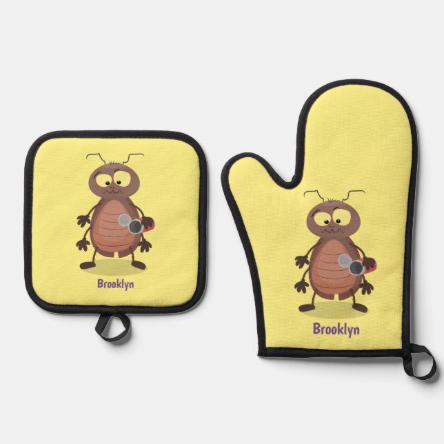 Funny cute cockroach cartoon character oven mitt & pot holder set (Front)