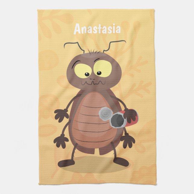 Funny cute cockroach cartoon character tea towel (Vertical)