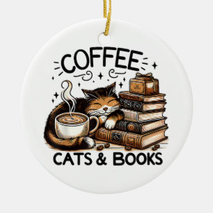Funny Cute Coffee Cats Books Lover Gift Idea Women Ceramic Tree Decoration