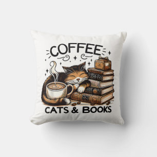 Funny Cute Coffee Cats Books Lover Gift Idea Women Cushion