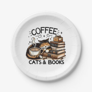 Funny Cute Coffee Cats Books Lover Gift Idea Women Paper Plate