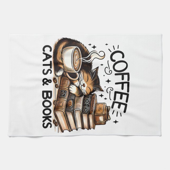 Funny Cute Coffee Cats Books Lover Gift Idea Women Tea Towel (Horizontal)