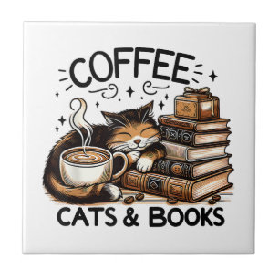 Funny Cute Coffee Cats Books Lover Gift Idea Women Tile