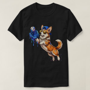 Funny Cute Corgi Playing Baseball Drip Dog T-Shirt