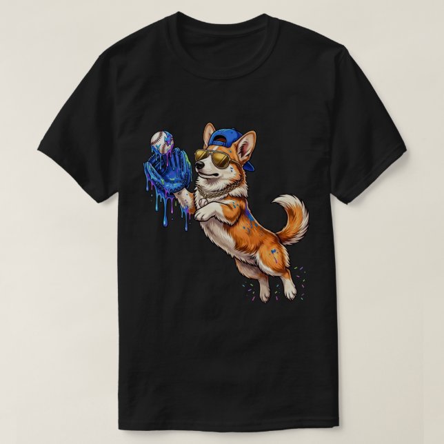 Funny Cute Corgi Playing Baseball Drip Dog  T-Shirt (Design Front)