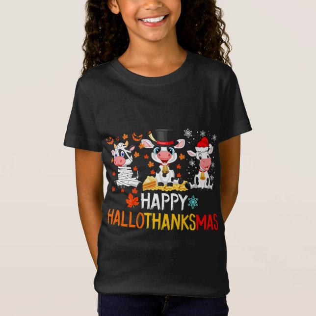 Funny Cute Cows Christmas Happy Hallothanksmas T-Shirt (Front)