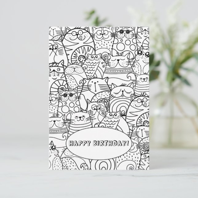 Funny Cute Crowd of Cats Zen Doodle Colouring Card (Standing Front)
