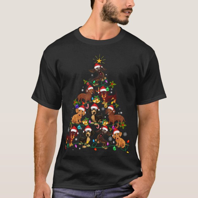 Funny Cute Dachshund Christmas Tree Pet Dog Lover  T-Shirt (Front)