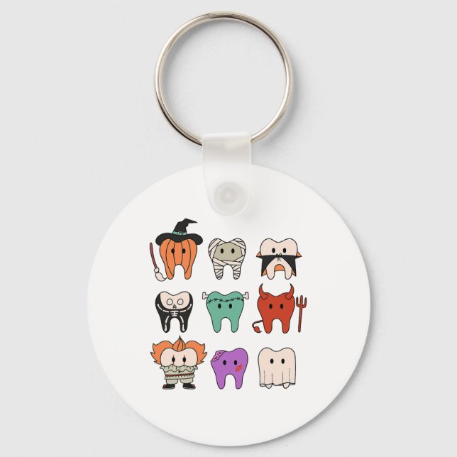 Funny Cute Dental Hygiene Monsters Teeth Squad Hal Key Ring (Front)