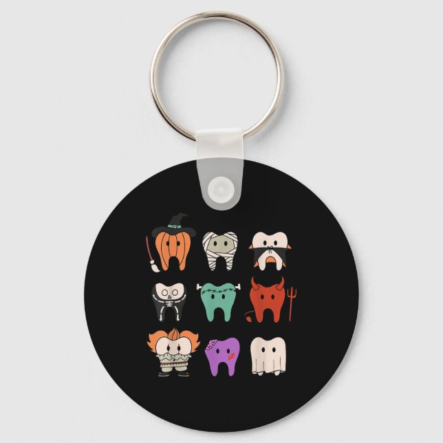 Funny Cute Dental Hygiene Monsters Teeth Squad Hal Key Ring (Front)