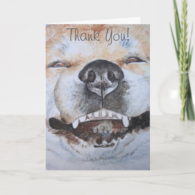 funny cute dog smiling akita realist art thank you card (Front)