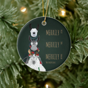 Funny Cute Donkey, Llama & Sheep Green Ceramic Tree Decoration