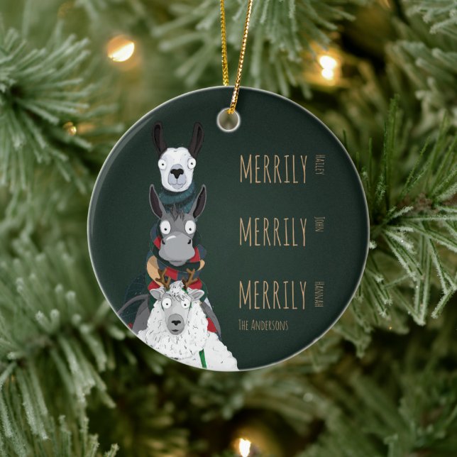 Funny Cute Donkey, Llama & Sheep Green Ceramic Tree Decoration (Tree)