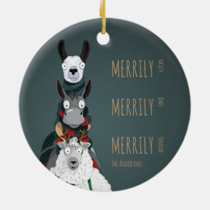 Funny Cute Donkey, Llama & Sheep Turquoise Ceramic Tree Decoration
