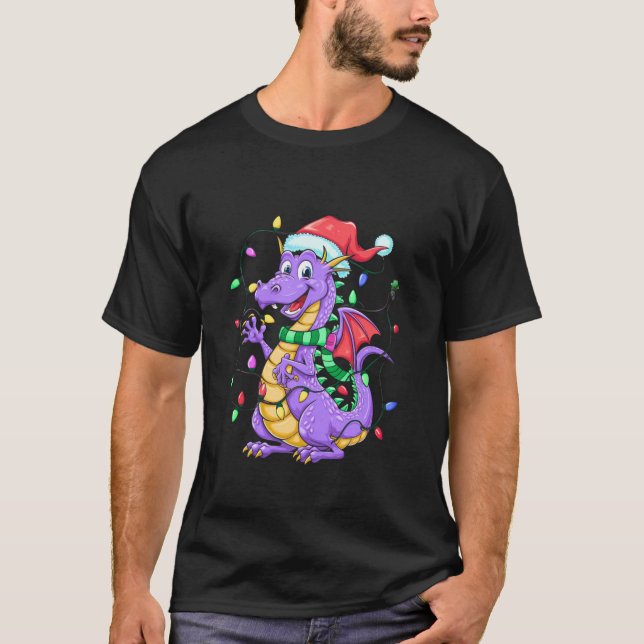 Funny Cute Dragon Figment Lights Christmas Santa L T-Shirt (Front)