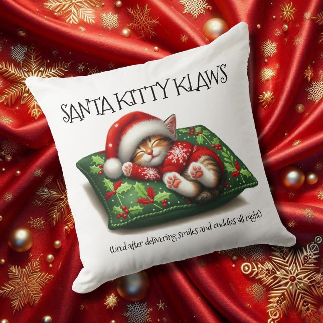 Funny Cute Dreaming Santa Kitty Klaws Cushion (Santa Kitty Klaws 20x20 Square Christmas Throw Pillow Cover Photo)