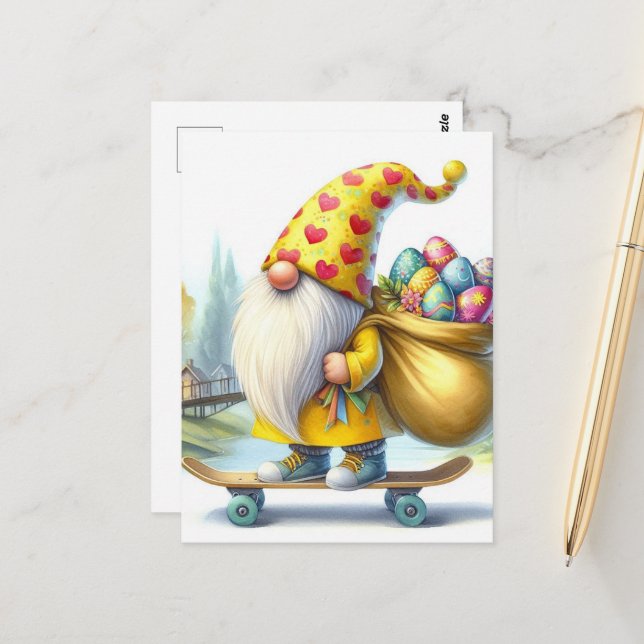 Funny Cute Easter Gnome with Easter Eggs Postcard (Front/Back In Situ)