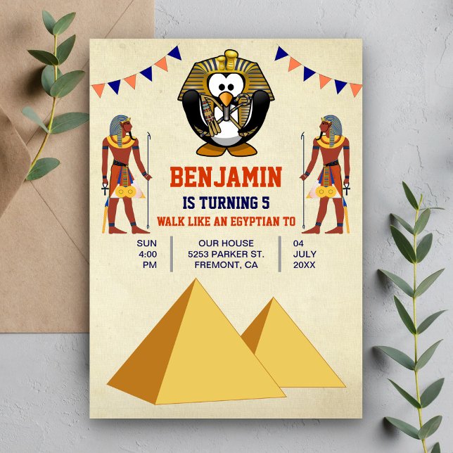Funny Cute Egyptian Penguin Kids Birthday Party Invitation (Creator Uploaded)