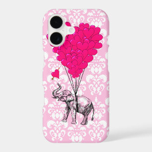 Funny cute elephant & pink damask