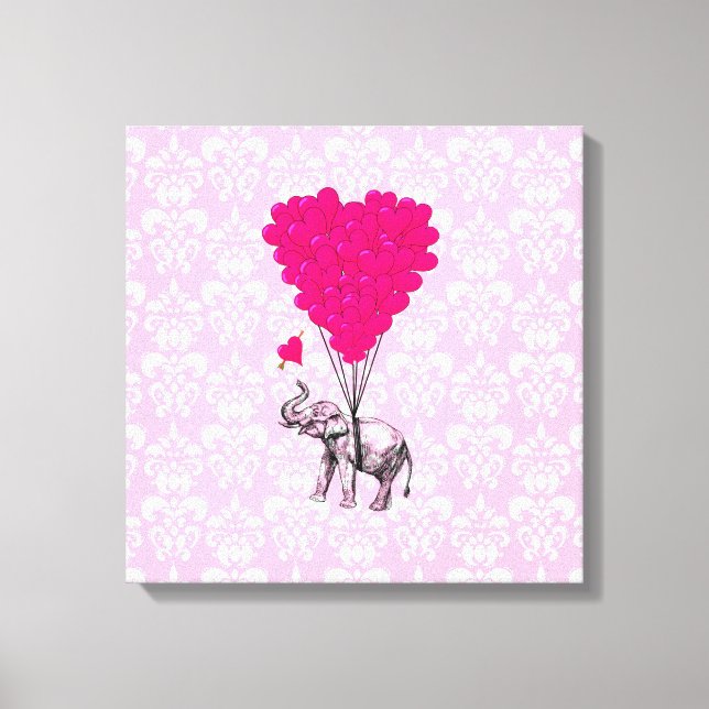 Funny cute elephant & pink damask canvas print (Front)