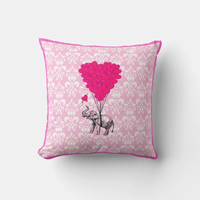 Funny cute elephant & pink damask cushion (Front)
