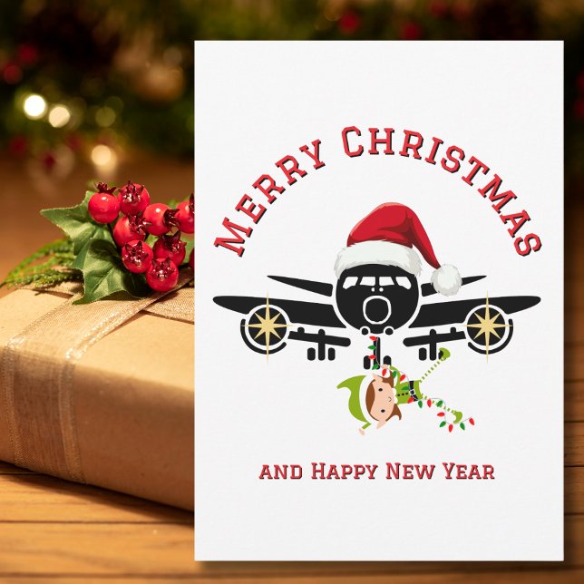 Funny Cute Elf jumping on Aeroplane,Christmas Phot Holiday Card (Creator Uploaded)