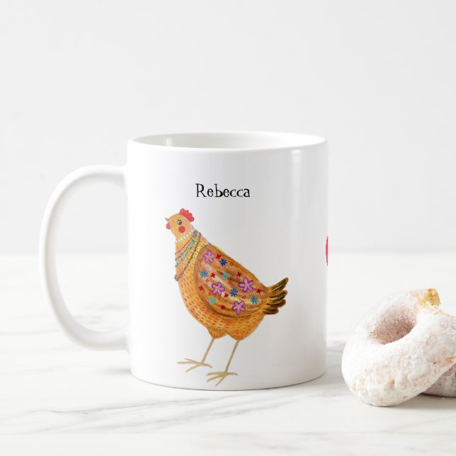 Funny Cute Fashionable Chicken Hen Art Custom Coffee Mug (With Donut)
