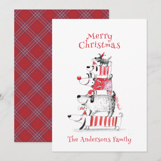 Funny Cute Festive Dogs Red Plaid Merry Christmas  Holiday Card (Front/Back)