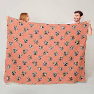Funny Cute Floral Cows Wearing Hats Pattern Salmon Fleece Blanket