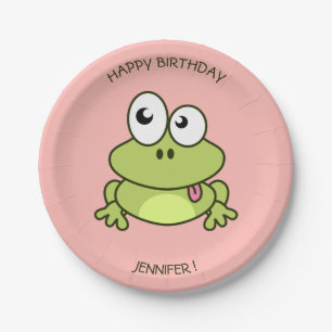 Funny cute frog cartoon pink kids name birthday paper plate