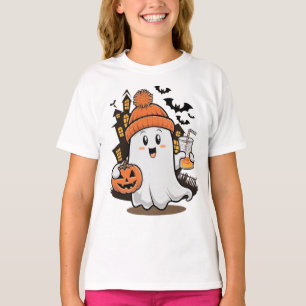 Funny Cute Ghost with Pumpkin Halloween T-Shirt